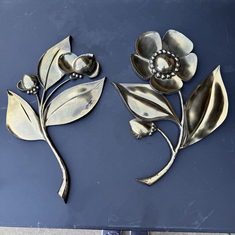 Vintage Syroco 1964 MCM Floral Wall Art Set 7444 A & B Gold Tone USA 18”